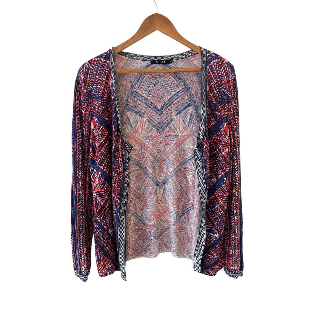 Nic + Zoe Linen Blend Open Front Cardigan Sweater Womens L Geometric Classic
